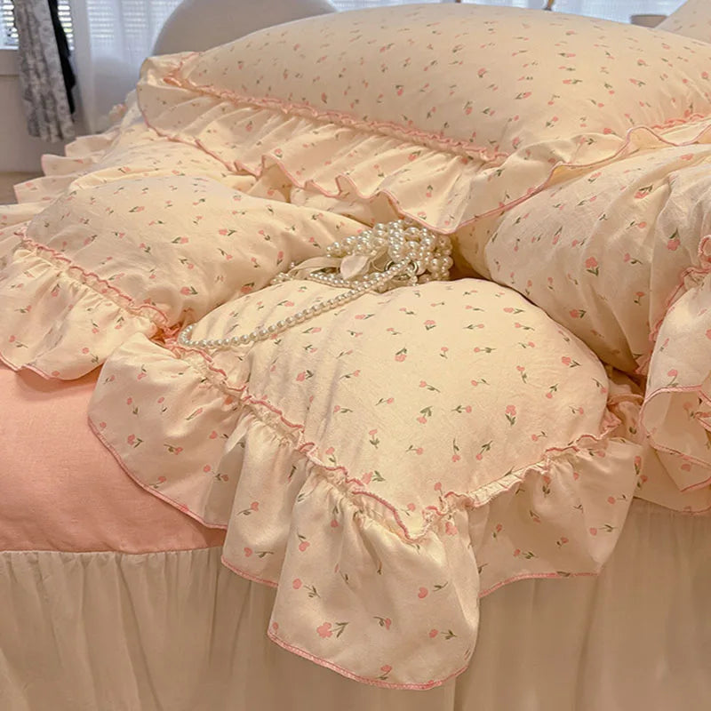 DecorBites™ Korean Princess Floral Print Bedding Set in Washed Cotton for Girls