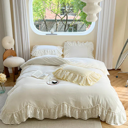 DecorBites™ Lace Ruffles Bedding Set in Pearl White Cream Yellow Princess Cotton