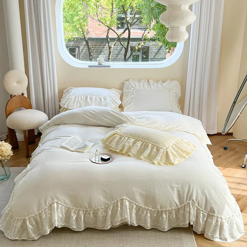 ™ Lace Ruffles Bedding Set in Pearl White Cream Yellow Princess Cotton