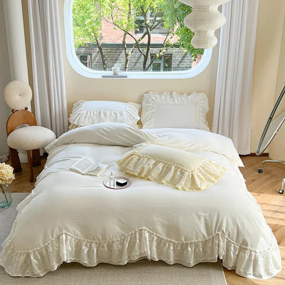 ™ Lace Ruffles Bedding Set in Pearl White Cream Yellow Princess Cotton