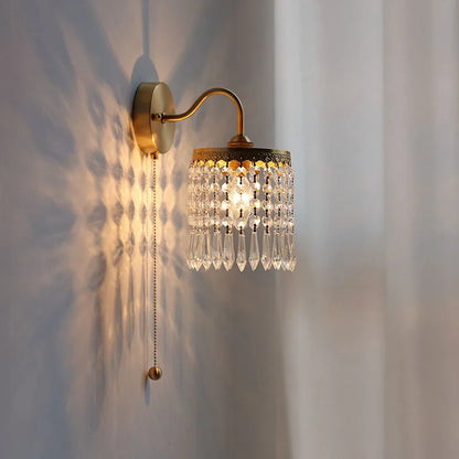 DecorBites™ Crystal LED Wall Sconce Pull Chain Switch Brass Mirror Light