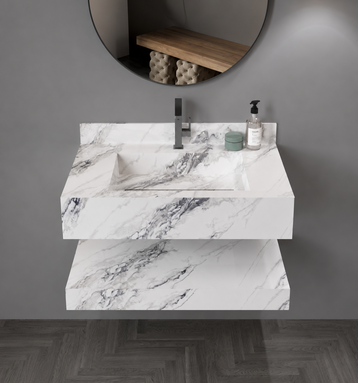 Antique Statuarioo Luxury Marble-Look Wall-Mount Bathroom Sink, Floating Basin & Coordinated Shelf Set – NACS Collection