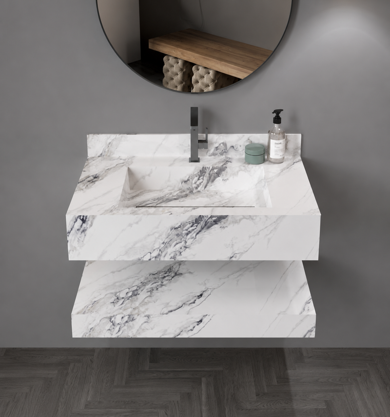 Antique Statuarioo Luxury Marble-Look Wall-Mount Bathroom Sink, Floating Basin & Coordinated Shelf Set – NACS Collection