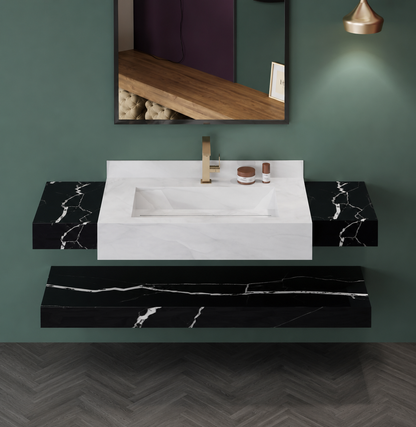 Anti Onyx Silver & Austria Black Luxury Engineered Stone Wall-Mount Bathroom Sink, Floating Basin & Accent Shelf Set – NACS Collection