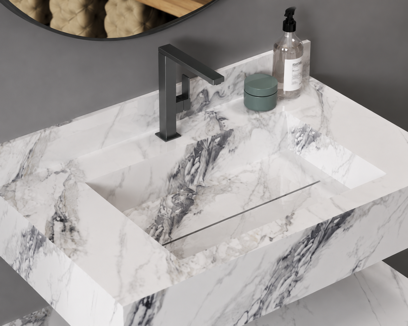 Antique Statuarioo Luxury Marble-Look Wall-Mount Bathroom Sink, Floating Basin & Coordinated Shelf Set – NACS Collection