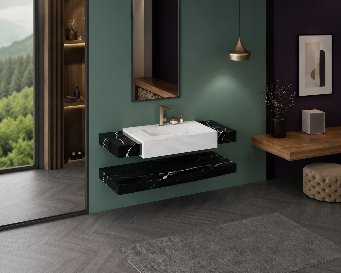 Anti Onyx Silver & Austria Black Luxury Engineered Stone Wall-Mount Bathroom Sink, Floating Basin & Accent Shelf Set – NACS Collection