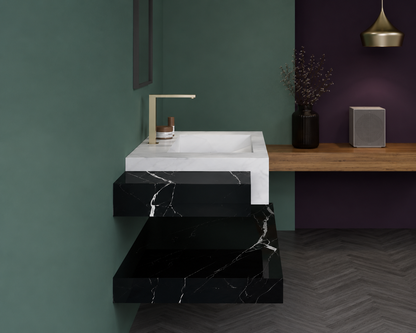 Anti Onyx Silver & Austria Black Luxury Engineered Stone Wall-Mount Bathroom Sink, Floating Basin & Accent Shelf Set – NACS Collection