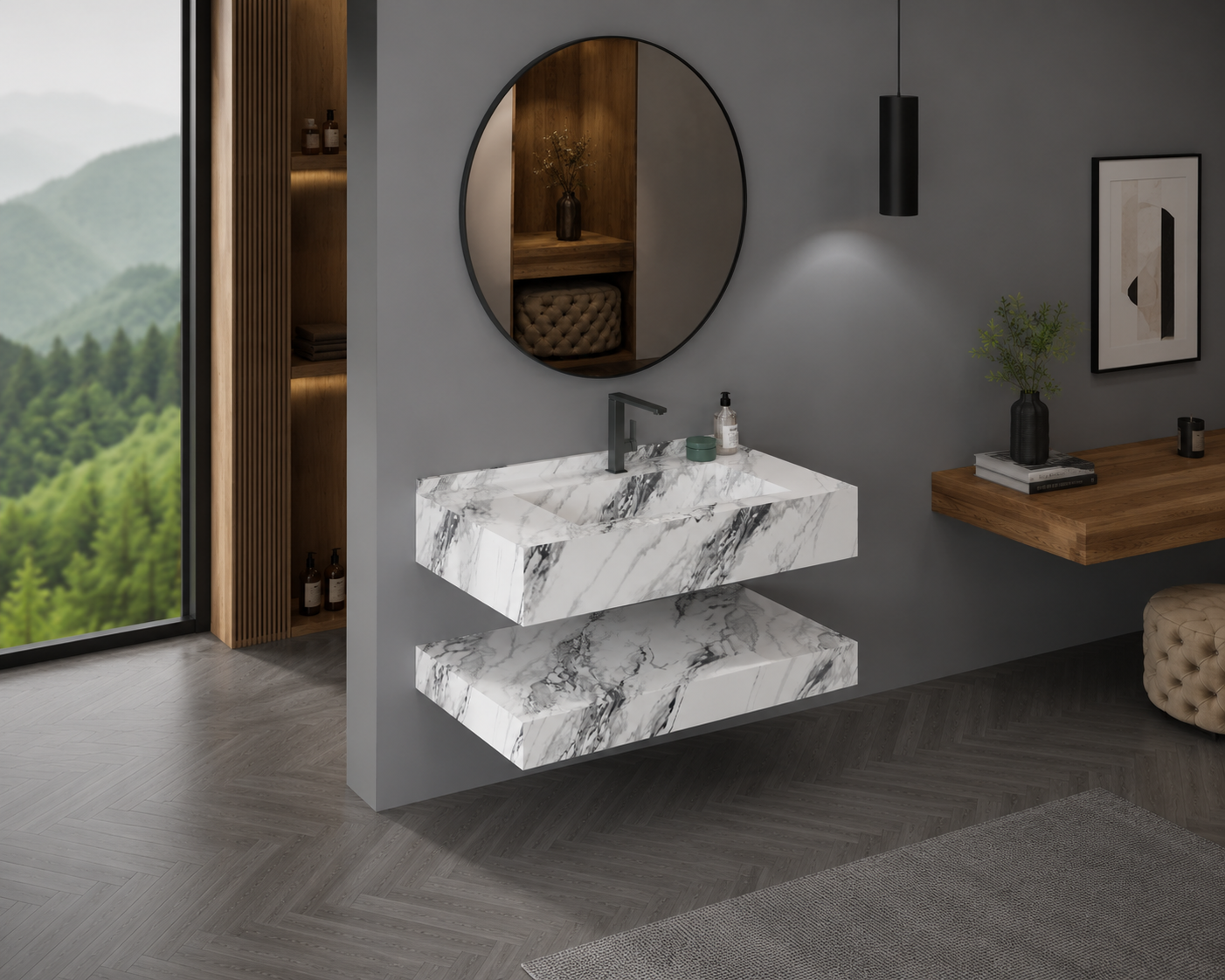 Antique Statuarioo Luxury Marble-Look Wall-Mount Bathroom Sink, Floating Basin & Coordinated Shelf Set – NACS Collection