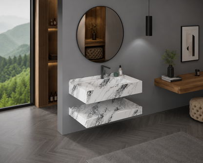 Antique Statuarioo Luxury Marble-Look Wall-Mount Bathroom Sink, Floating Basin & Coordinated Shelf Set – NACS Collection