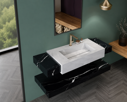 Anti Onyx Silver & Austria Black Luxury Engineered Stone Wall-Mount Bathroom Sink, Floating Basin & Accent Shelf Set – NACS Collection