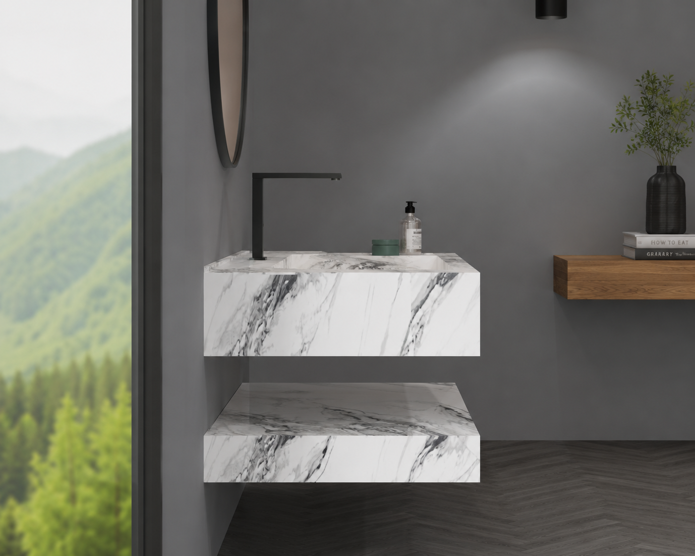 Antique Statuarioo Luxury Marble-Look Wall-Mount Bathroom Sink, Floating Basin & Coordinated Shelf Set – NACS Collection