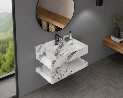 Antique Statuarioo Luxury Marble-Look Wall-Mount Bathroom Sink, Floating Basin & Coordinated Shelf Set – NACS Collection