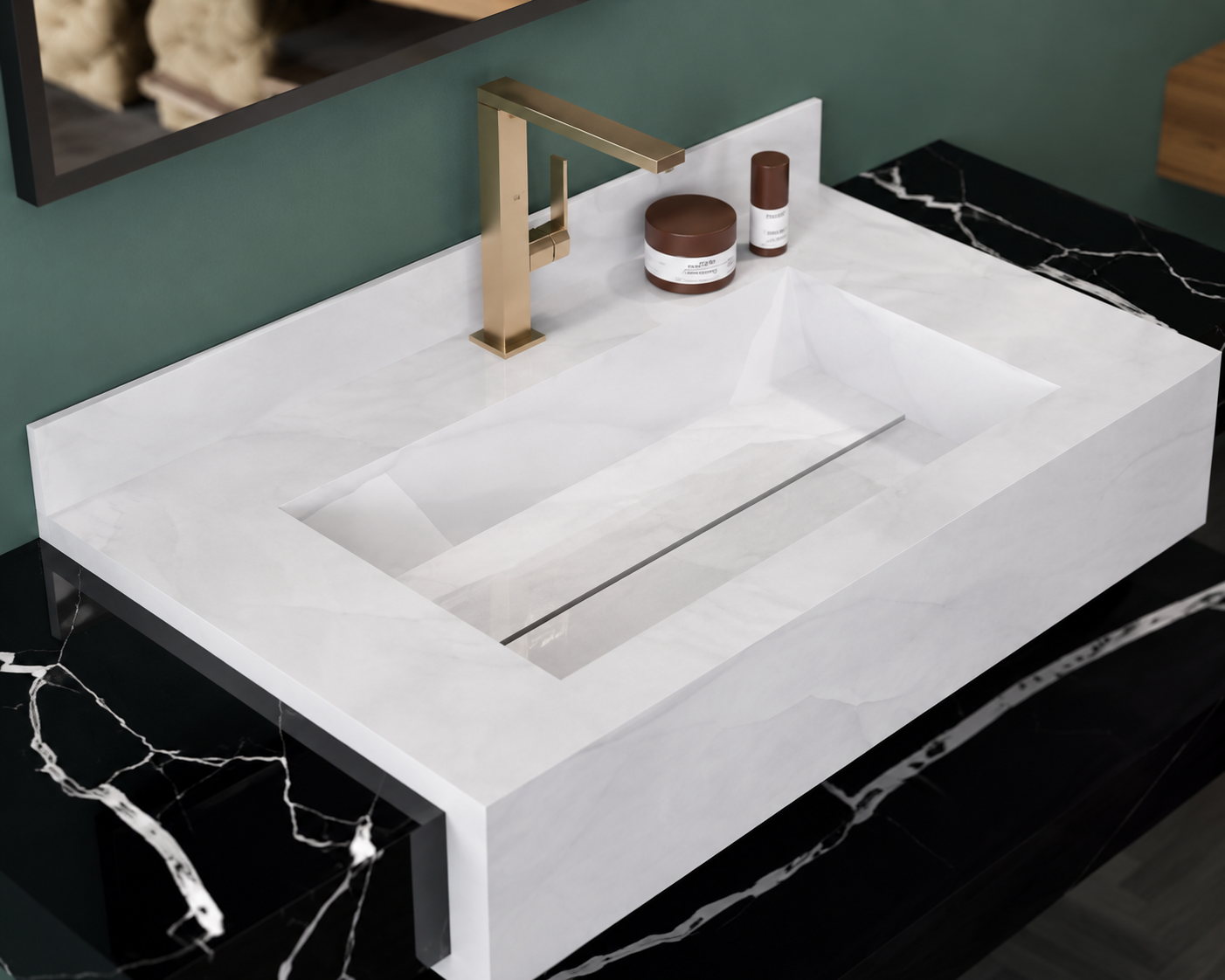 Anti Onyx Silver & Austria Black Luxury Engineered Stone Wall-Mount Bathroom Sink, Floating Basin & Accent Shelf Set – NACS Collection