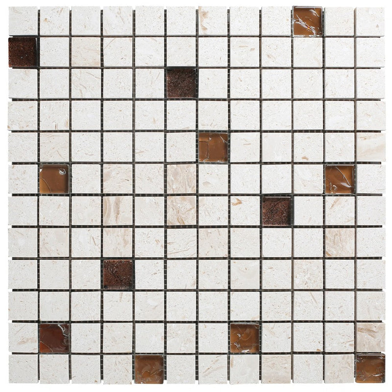Shell Stone Limestone and Brown Glass Mix 1"x1" on 12" x 12" Mesh Mosaic Tile