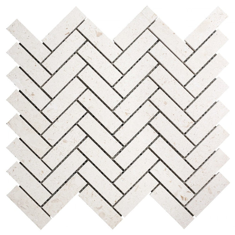 Shell Stone Limestone 1"x3" Herringbone on 12" x 12" Mesh Mosaic Tile