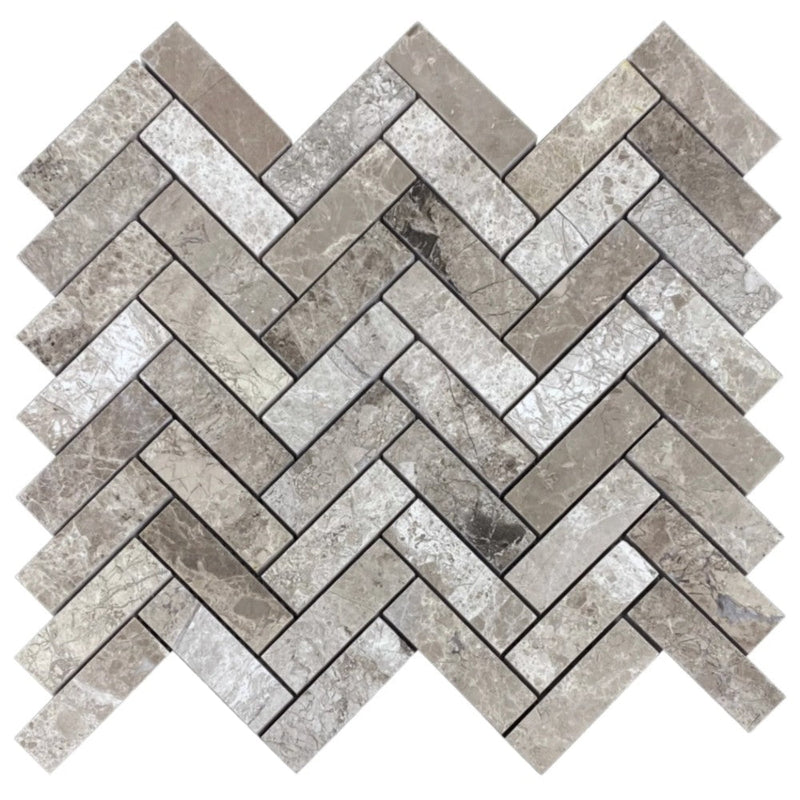Silver Shadow Marble 1"x3" Herringbone on 12" x 12" Mesh Mosaic Tile