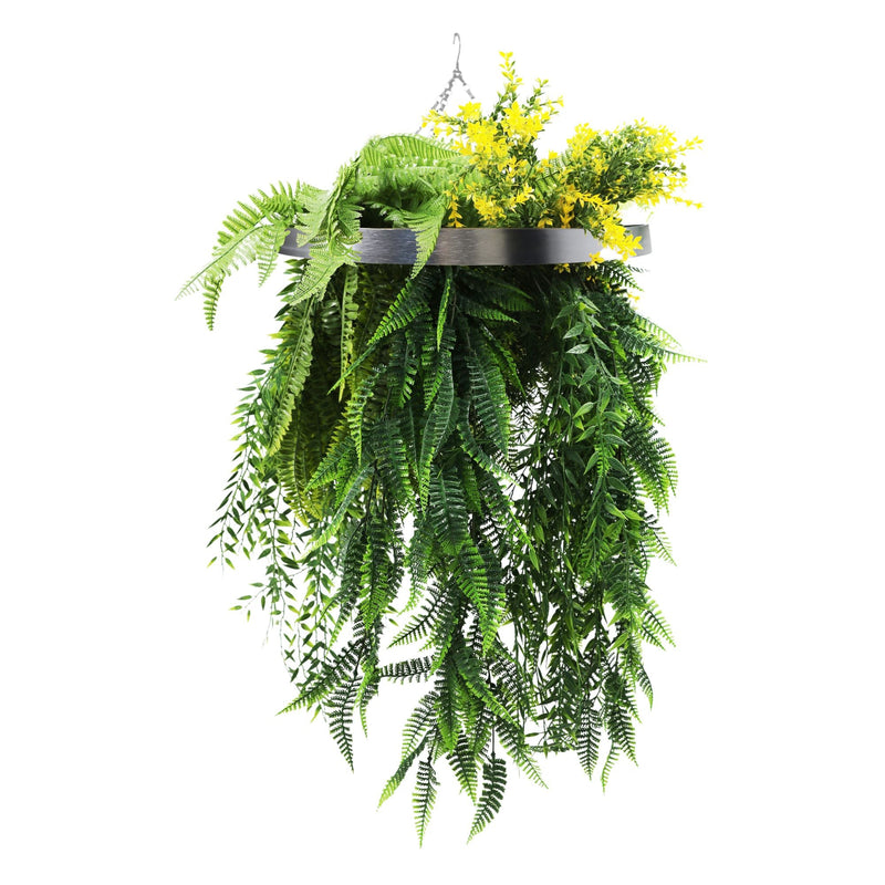 Artificial Hanging Plant Chandelier – Bright Tropical Foliage Circular Ring (25.6in long) Silver Frame – UV Resistant