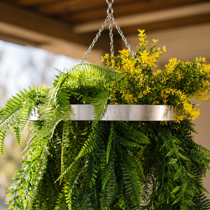 Artificial Hanging Plant Chandelier – Bright Tropical Foliage Circular Ring (25.6in long) Silver Frame – UV Resistant
