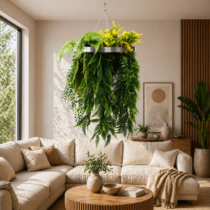 Artificial Hanging Plant Chandelier – Bright Tropical Foliage Circular Ring (25.6in long) Silver Frame – UV Resistant