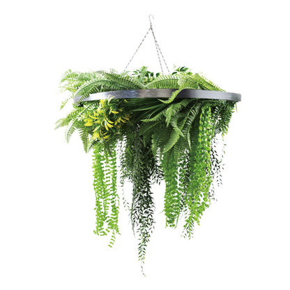 Artificial Hanging Plant Chandelier – Draping Fern Circular Ring (33in long) Silver Frame – UV Resistant