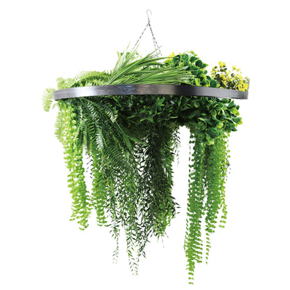 Artificial Hanging Plant Chandelier – Draping Fern Circular Ring (33in long) Silver Frame – UV Resistant