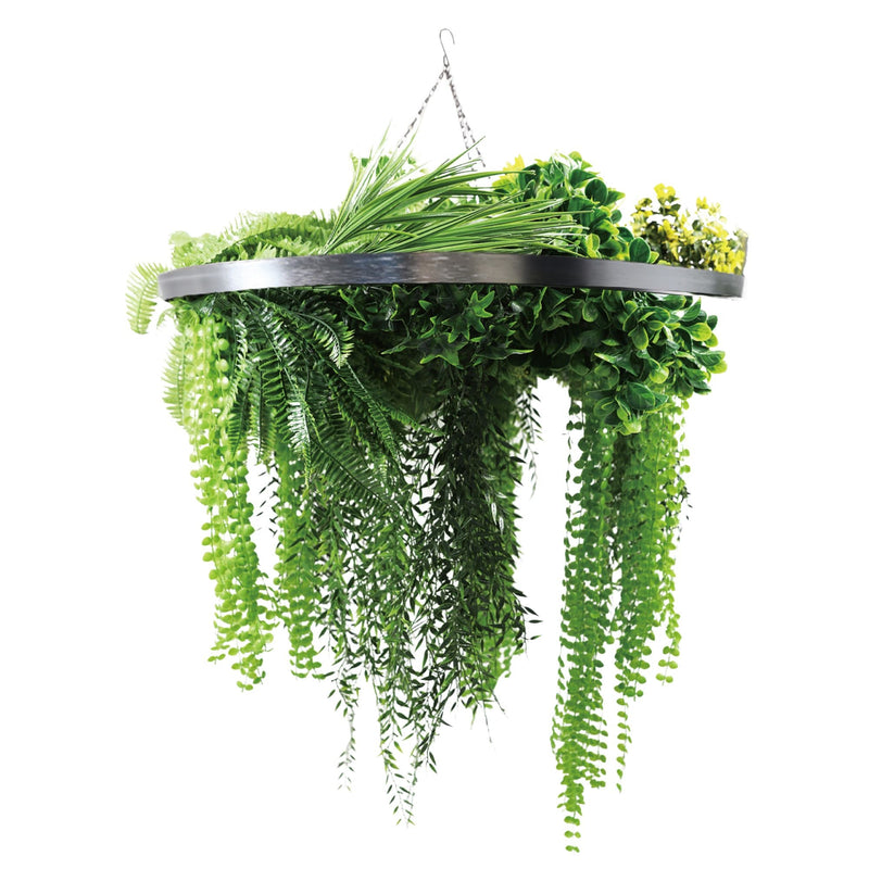 Artificial Hanging Plant Chandelier – Draping Fern Circular Ring (33in long) Silver Frame – UV Resistant