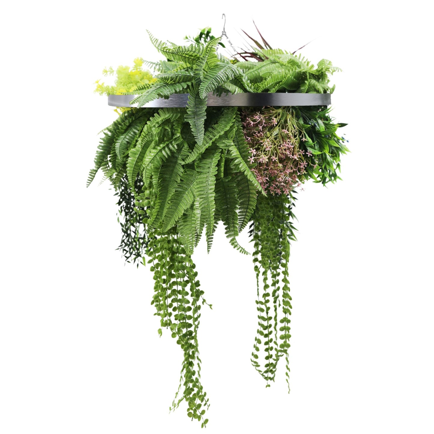 Artificial Hanging Plant Chandelier – Tropical Foliage Circular Ring (24.8in long) Silver Frame – UV Resistant