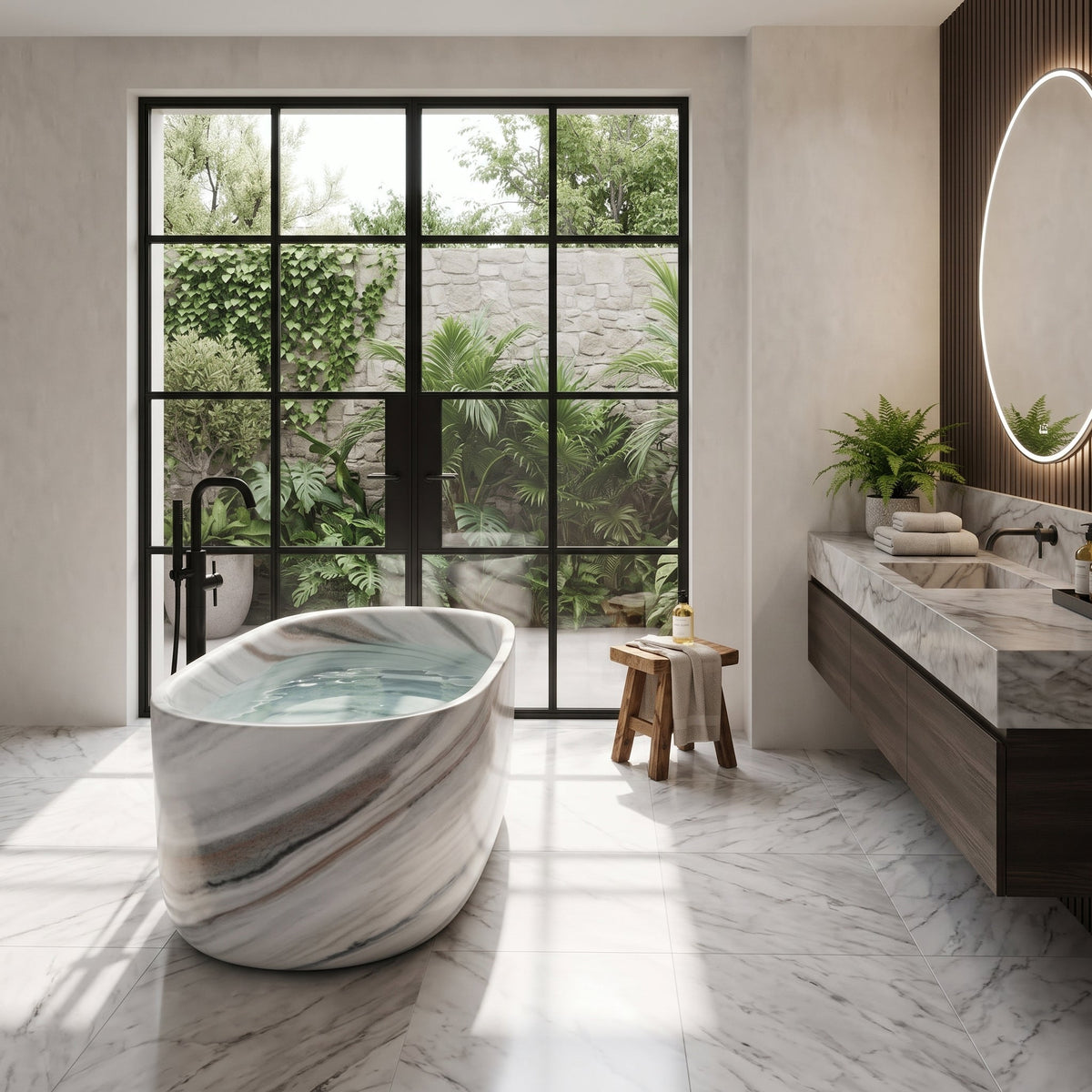 Skyline Honed Marble Hand Carved Freestanding Bathtub W34 x L79 x H24