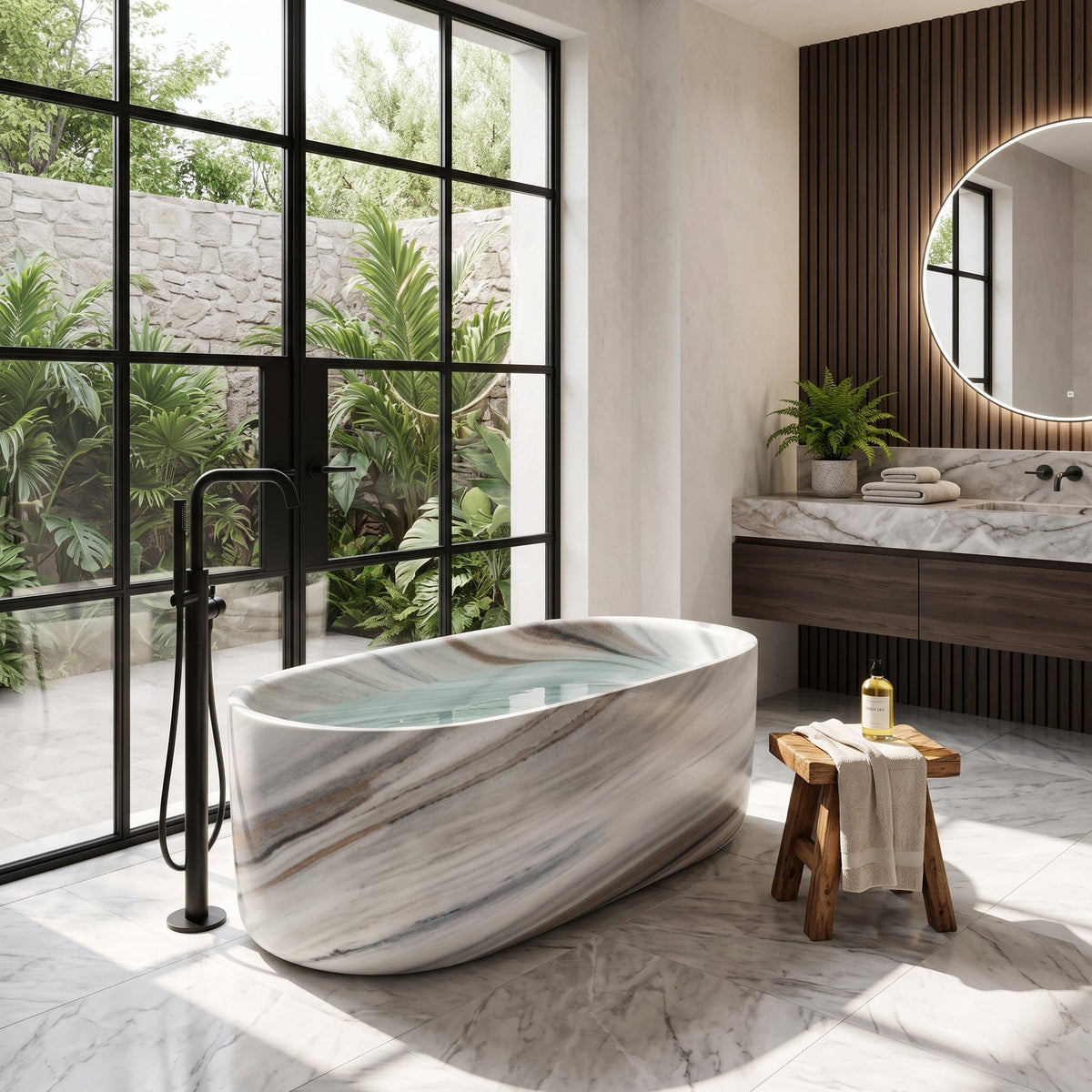 Skyline Honed Marble Hand Carved Freestanding Bathtub W34 x L79 x H24