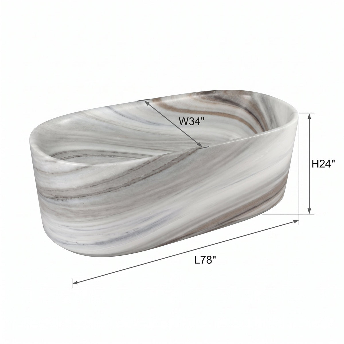 Skyline Honed Marble Hand Carved Freestanding Bathtub W34 x L79 x H24