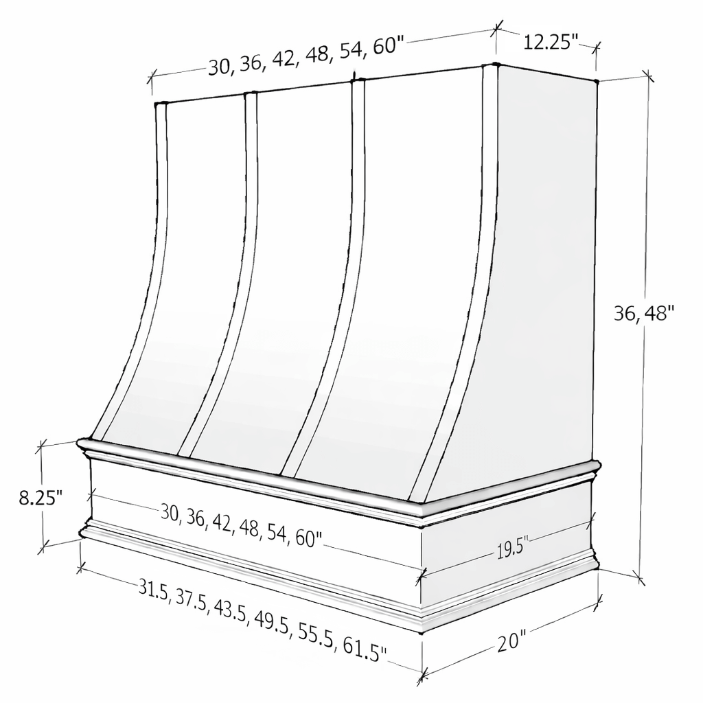 Wood Range Hood With Sloped Strapped Front and Decorative Trim - 30", 36", 42", 48", 54" and 60" Widths Available