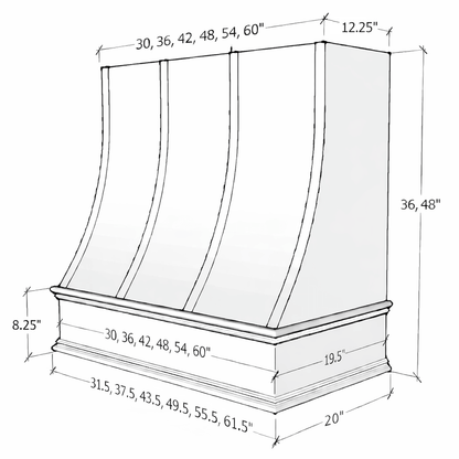 Wood Range Hood With Sloped Strapped Front and Decorative Trim - 30", 36", 42", 48", 54" and 60" Widths Available