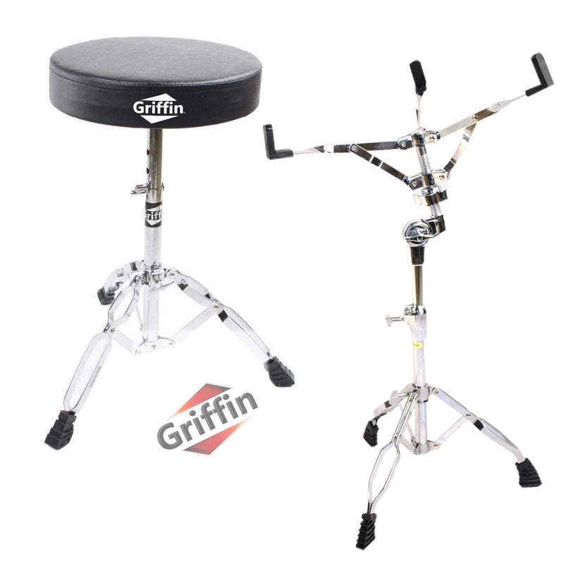 GRIFFIN Snare Stand & Drum Throne (2-Pack Set) - Chrome Percussion Hardware Kit with Double-Braced Lightweight Mount for Snares, Tom-Toms & Practice Pads - Slip-Proof Gear Tilter & Clamp Holder