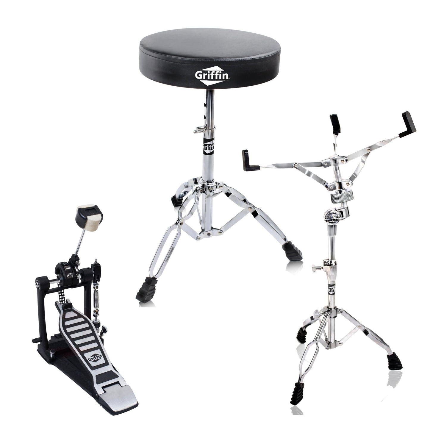 GRIFFIN 3 Pack Set- Single Kick Bass Pedal, Drum Throne & Snare Stand Set by GRIFFIN | Double Chain Foot Percussion Hardware Kit for Intense Play | Comfortable Drum Seat Percussion Chair for Adults