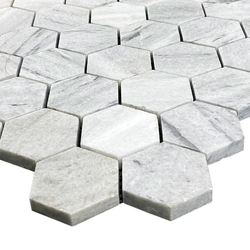 Solto White Marble 2" Hexagon on 12" x 12" Mesh Mosaic Tile