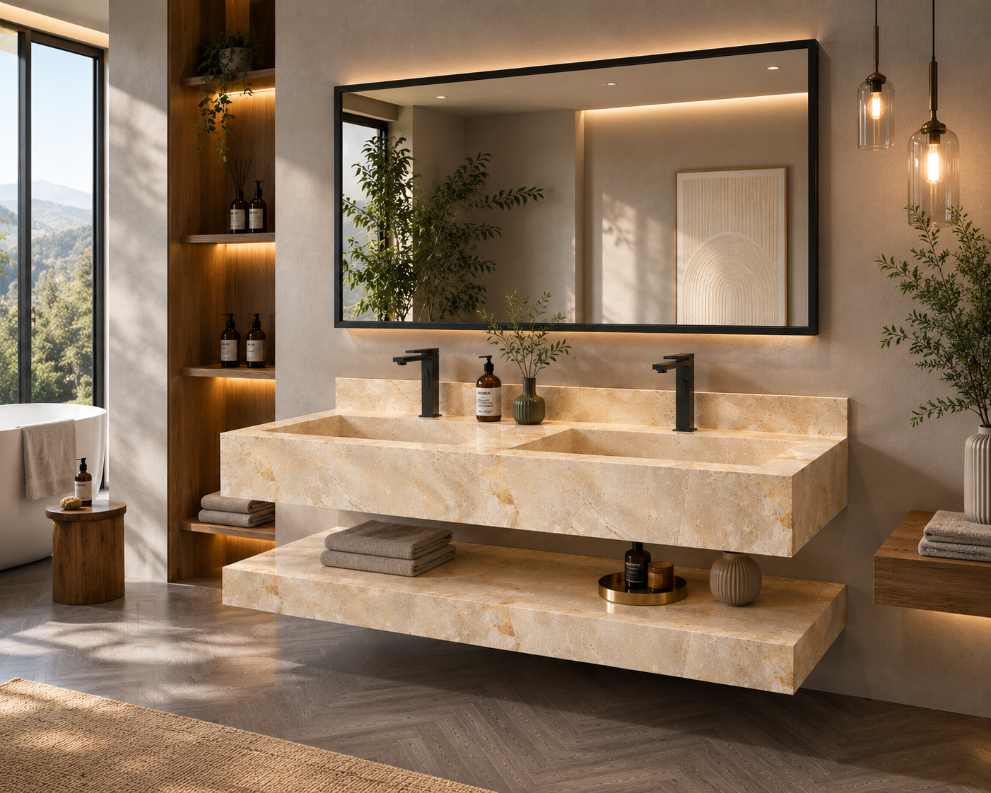 Aspire Beige Luxury Stone-Look Wall-Mount Bathroom Sink, Compact Floating Step Basin – NACS Collection