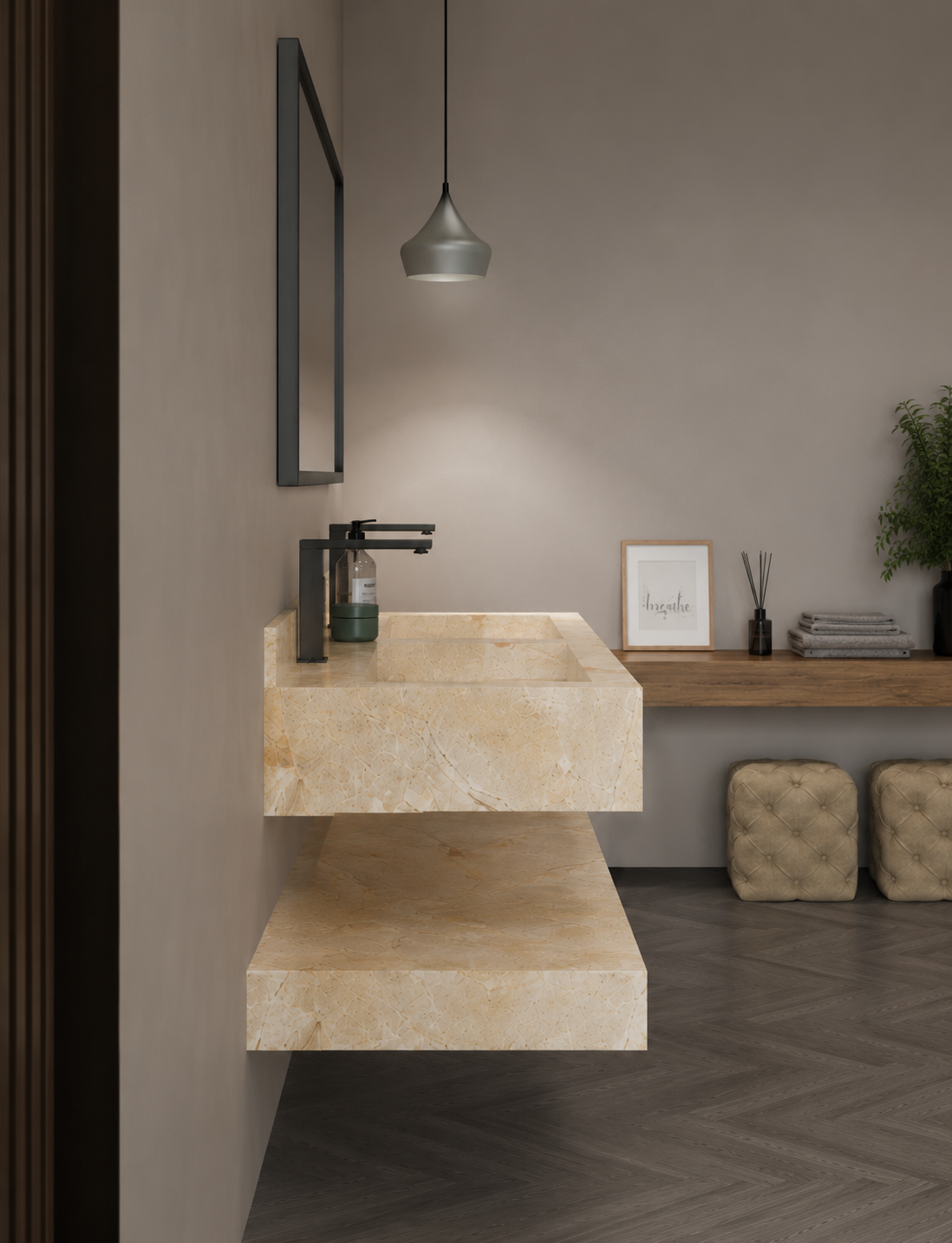 Aspire Beige Luxury Stone-Look Wall-Mount Bathroom Sink, Compact Floating Step Basin – NACS Collection