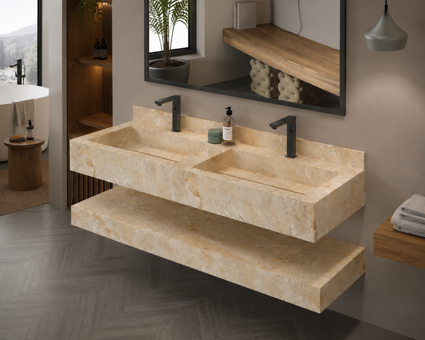 Aspire Beige Luxury Stone-Look Wall-Mount Bathroom Sink, Compact Floating Step Basin – NACS Collection