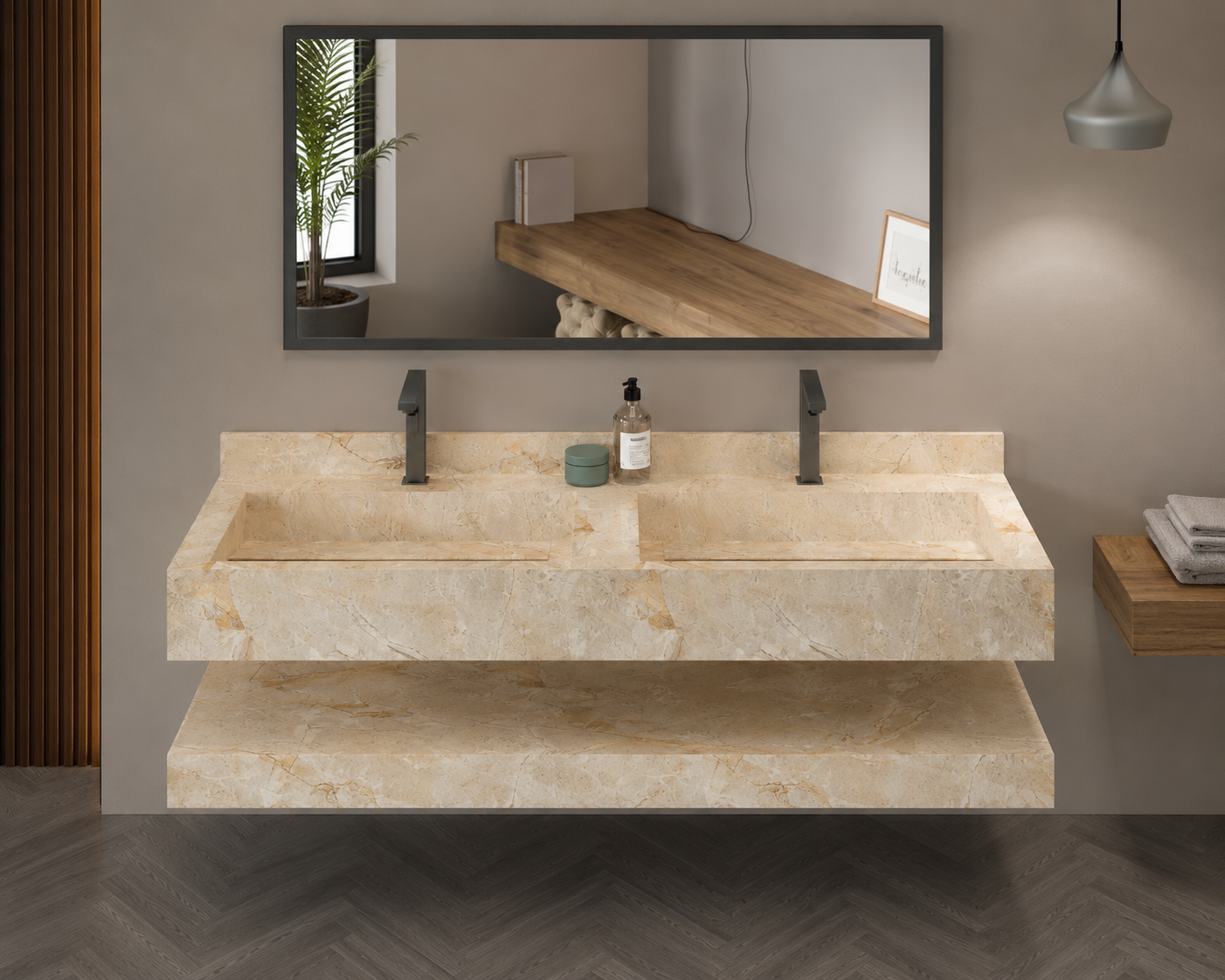 Aspire Beige Luxury Stone-Look Wall-Mount Bathroom Sink, Compact Floating Step Basin – NACS Collection