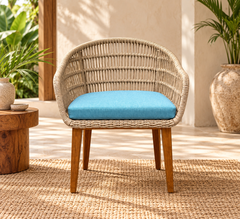 SYNTHETIC ROPE AND TEAK ARM CHAIR W/ BLUE CUSHION