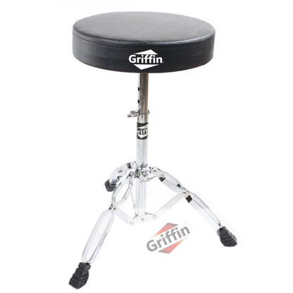 Drum Hardware Pack Complete 6 Piece Set by GRIFFIN - Full Size Percussion Stand Kit with Snare, Hi-Hat, Cymbal Boom, Throne Stool & Single Kick Pedal