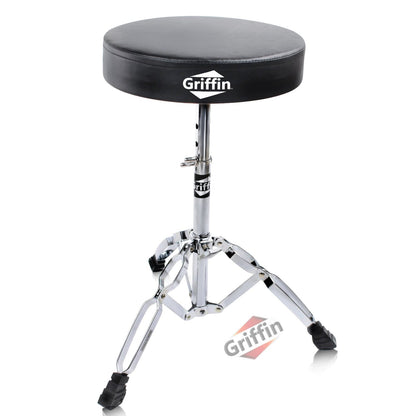 Drum Throne Stand by GRIFFIN | Padded Drummer’s Seat | Comfortable Drum Set Percussion Chair for Adults | Professional Musicians Guitar Stool Double Braced Hardware for Practice with Adjustable Height