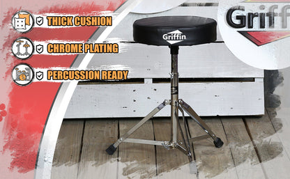 Drum Throne Stand by GRIFFIN | Padded Drummer’s Seat | Comfortable Drum Set Percussion Chair for Adults | Professional Musicians Guitar Stool Double Braced Hardware for Practice with Adjustable Height