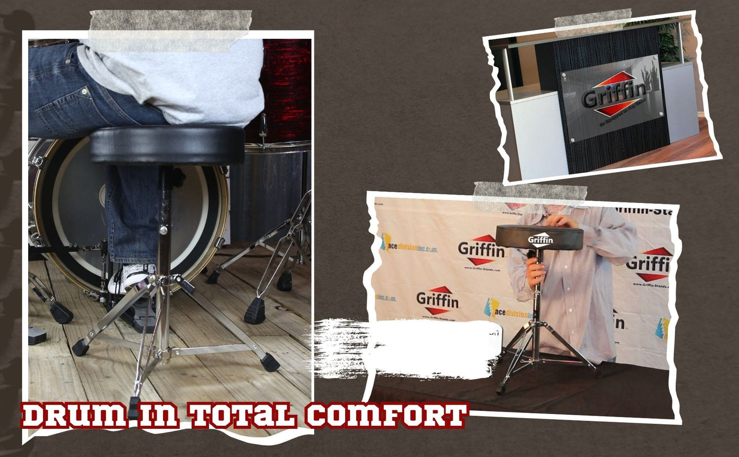 Drum Throne Stand by GRIFFIN | Padded Drummer’s Seat | Comfortable Drum Set Percussion Chair for Adults | Professional Musicians Guitar Stool Double Braced Hardware for Practice with Adjustable Height
