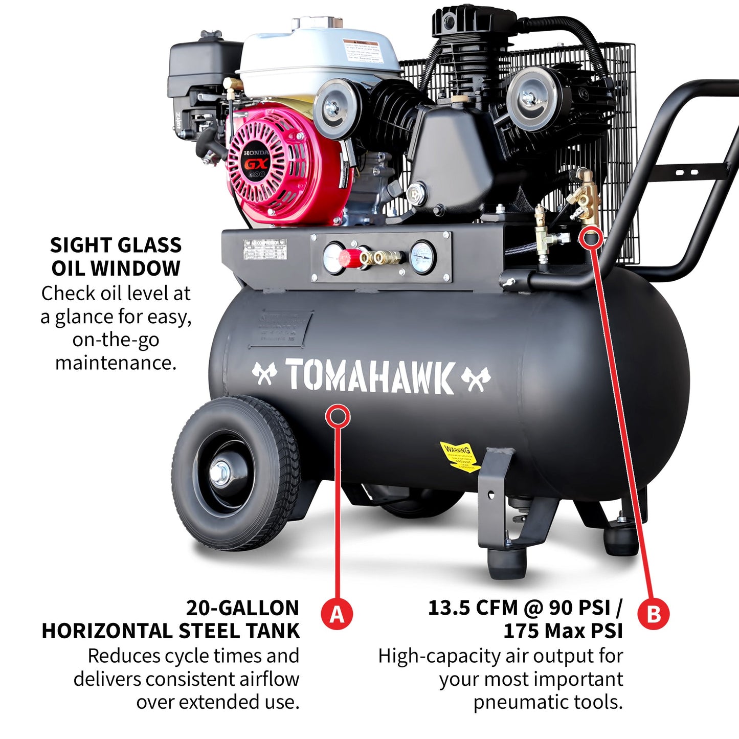 20 Gallon Portable Air Compressor 6.5HP Honda GX200 Engine Horizontal Tank 13.5 CFM @ 90 PSI Gas-Powered