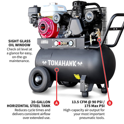 20 Gallon Portable Air Compressor 6.5HP Honda GX200 Engine Horizontal Tank 13.5 CFM @ 90 PSI Gas-Powered