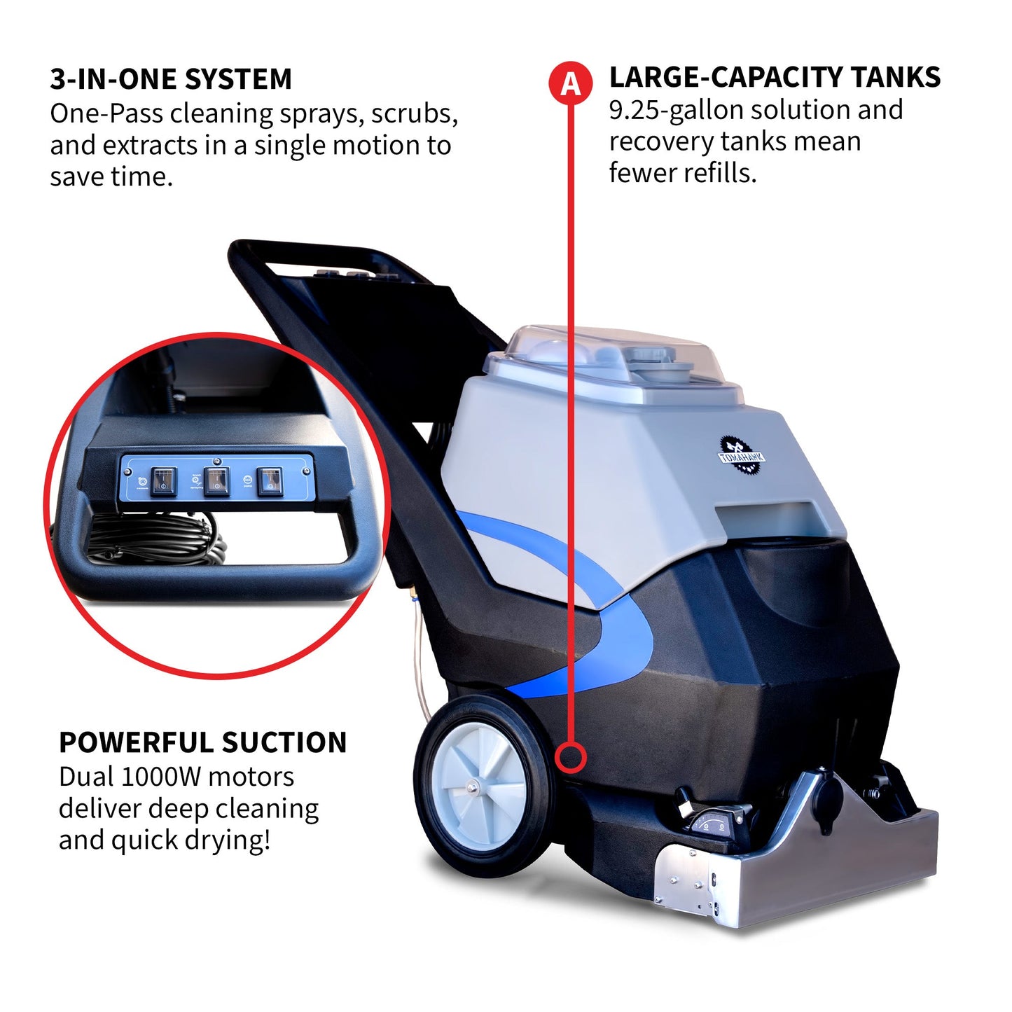 3-in-1 Commercial Carpet Extractor Cleaner, 18” Width, 9 Gallon Dual Tanks, Dual 1000W Motors for Hotels, Offices & Upholstery