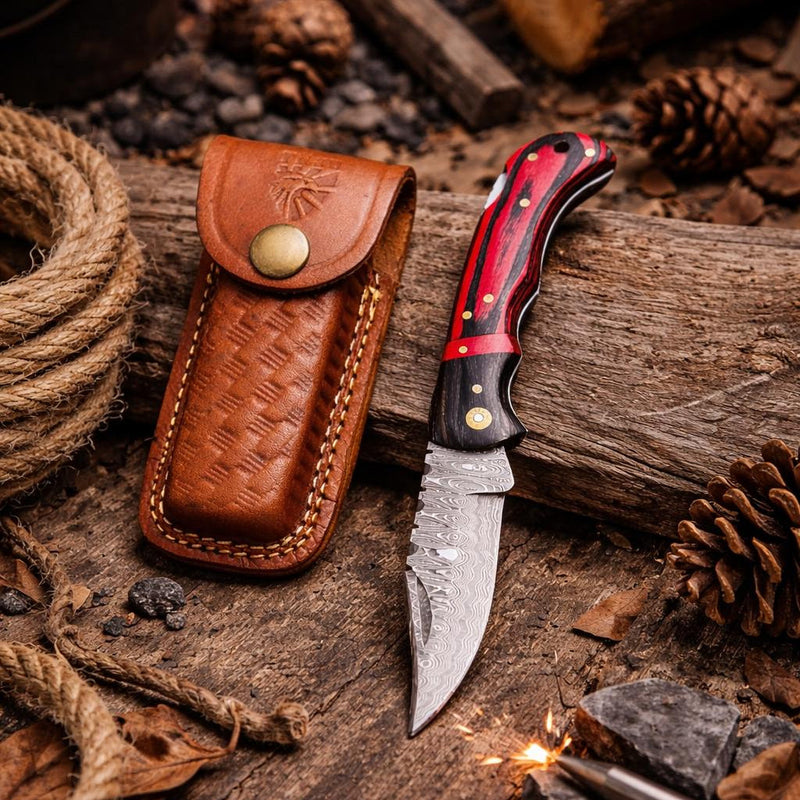 Damascus Steel – Trailing Point Folding Pocket Knife – Red & Black Pakkawood Handle – Brass Hardware & Leather Sheath – Hunting, Camping & EDC - TF-077
