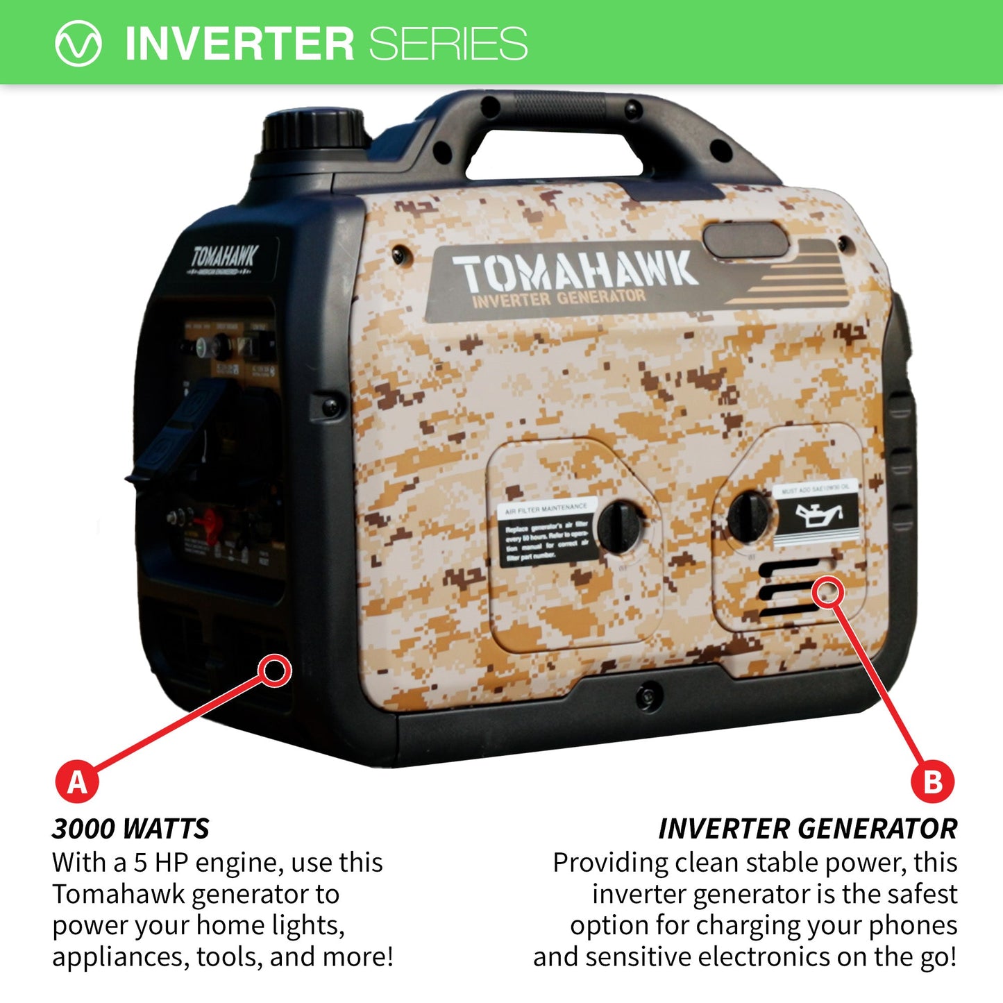 3000 Watt Inverter Generator Super Quiet Portable Gas Power Professional Use - Camo Special Edition