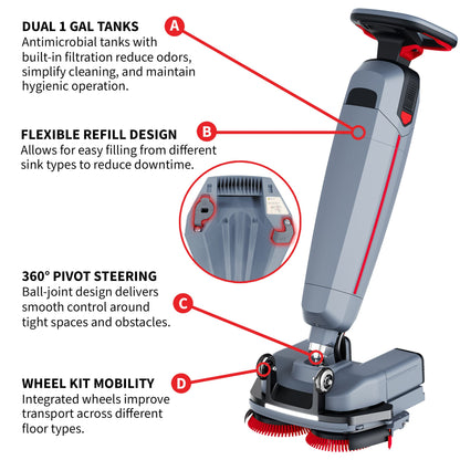 Electric Floor Scrubber Cleaner with 16” Power Mop Brushes Cordless Battery Powered